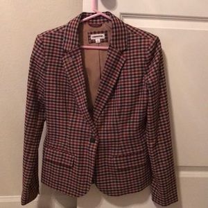 Woman’s blue and red plaid blazer